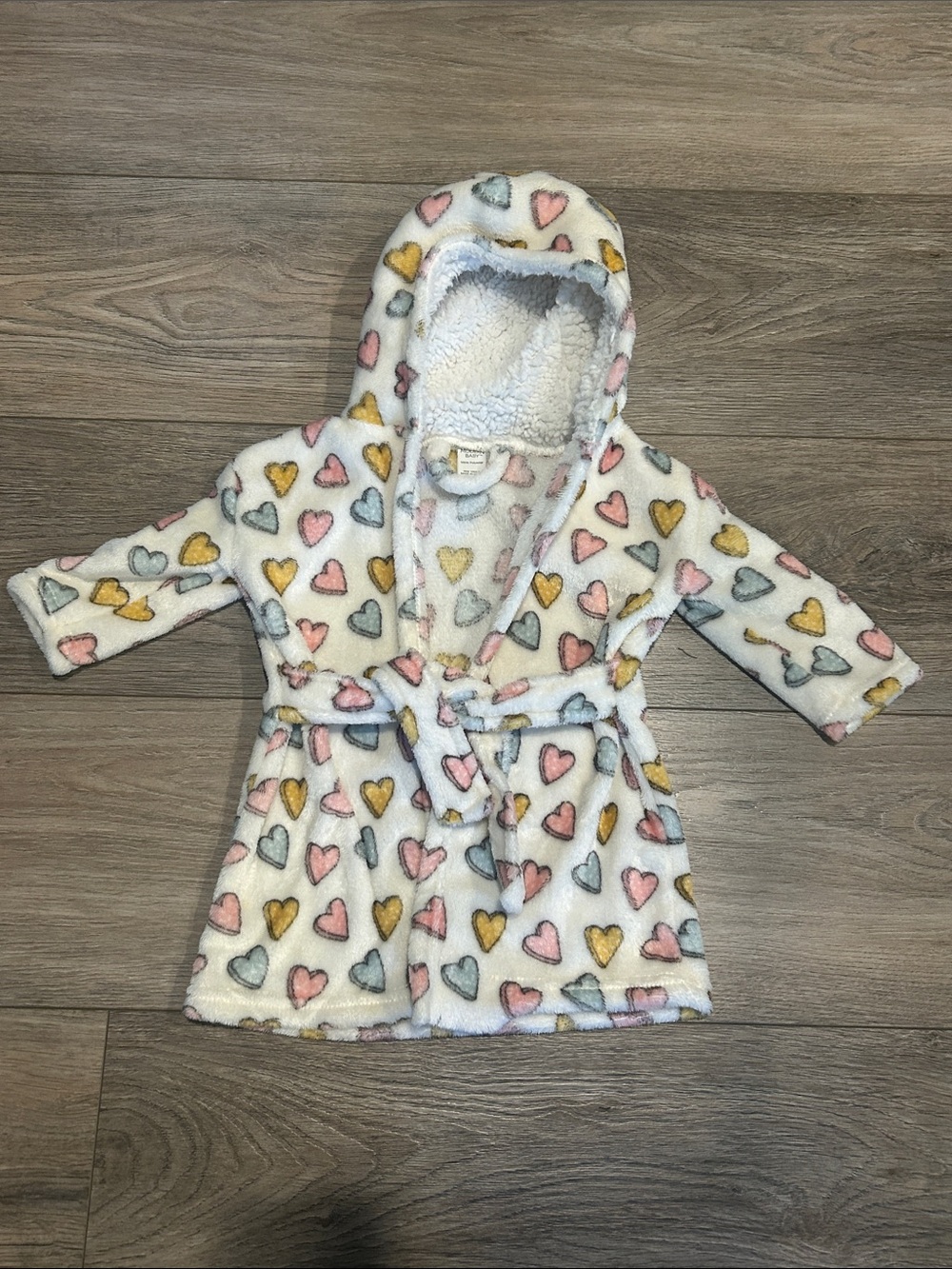 Kids Hooded Robe with Multicolor Heart Print - Cozy Plush Bathrobe Size 12-18 mo